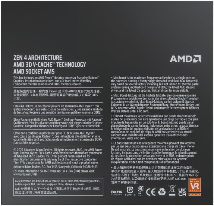 AMD Ryzen 7 7700X3D Desktop Processor – 8 Core, 16 Thread, Up to 4.5 GHz, 104MB Cache, AM5